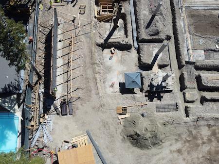 Drone shot of excavated footings done by TROYCO, in preparation for a concrete pour in Mammoth Lakes, CA.